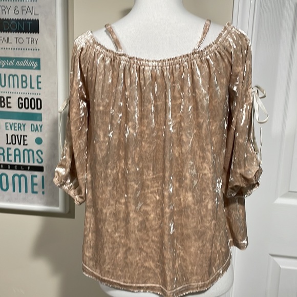 NWT hem & thread tan crushed velvet off-shoulder top. Romantic with bows. - Picture 7 of 12